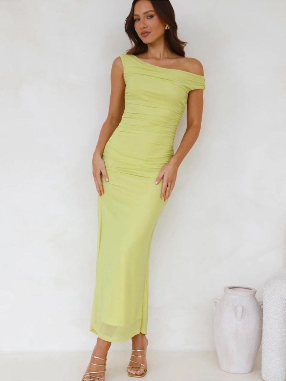 Hello Molly One-Shoulder Lime Green Ruched Maxi Dress